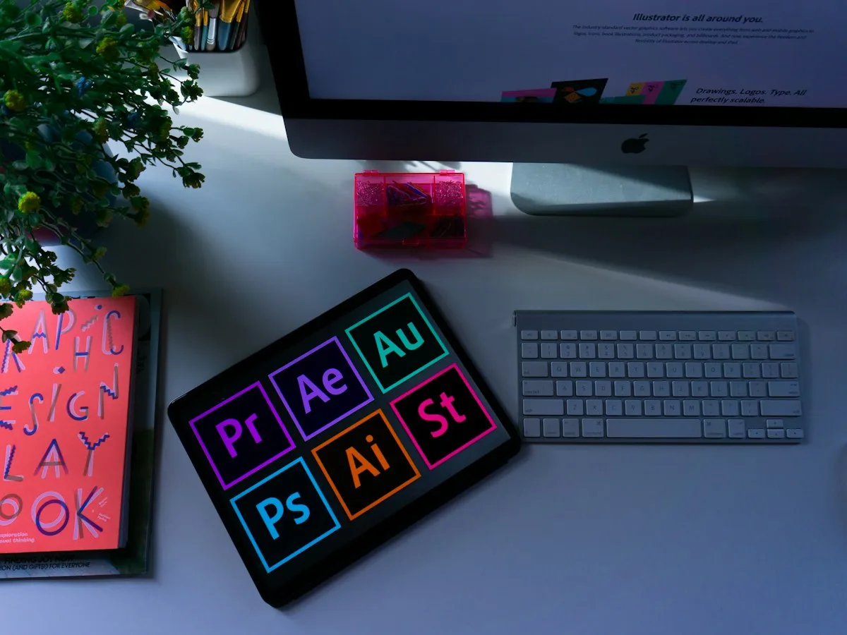 Graphic designer's desk with design app icons and a creative playbook